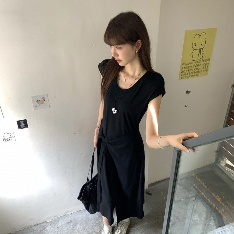 여성 여름 면스판 반팔 롱 원피스 A라인 데일리 베이직 스쿱넥 고정허리 편안한 캐주얼 오피스룩 페미닌 코디 - 상세 이미지 2