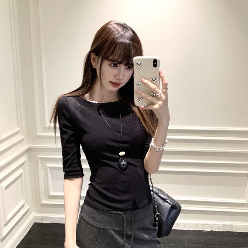 여성 가을 브이넥 플레어 슬리브 7부 골지 니트티 캐주얼 스타일 편안한 착용감 데일리룩 트렌디한 디자인 - 상세 이미지 4