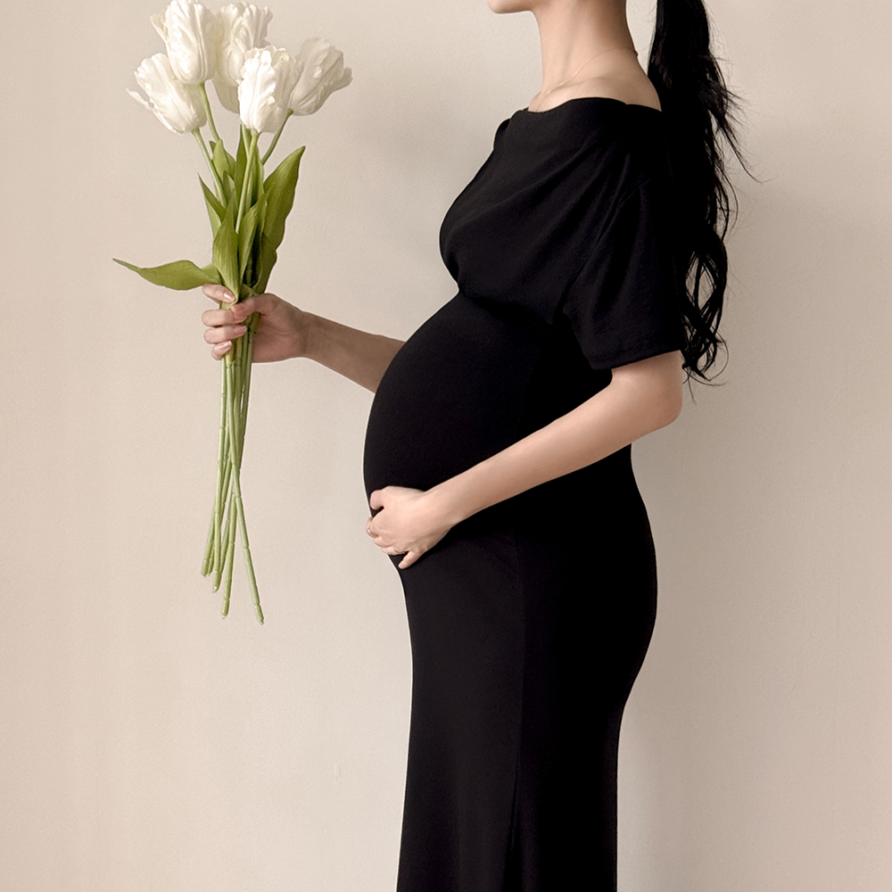 임산부 투웨이 원피스 주수 만삭 사진 촬영 셀프 스냅 오프숄더 키작녀 하객룩 임부복 이미지 2