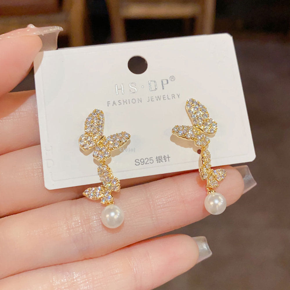 14K 더블 나비 진주 이어링 드롭 화사한 여자 명품귀걸이 - 상세 이미지 2