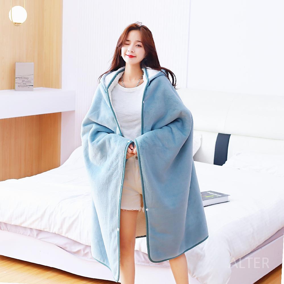 모자달린 담요 겨울 사무실 다리 어깨 망토 캠핑용 입는담요 그레이+수납 가방 150x100cm - 상세 이미지 3