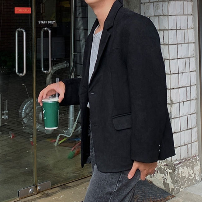 남자 오로 오버핏 봄 가을 세무 스웨이드 블레이저 자켓 - 상세 이미지 4