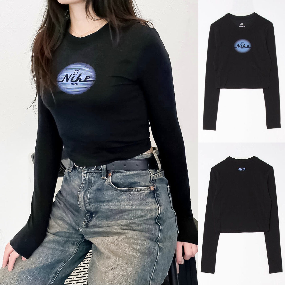 나이키 여성 슬림핏 크롭 긴팔 티셔츠 모달 롱슬리브 얇은 이너티 HQ2974블랙, S - 상품 이미지