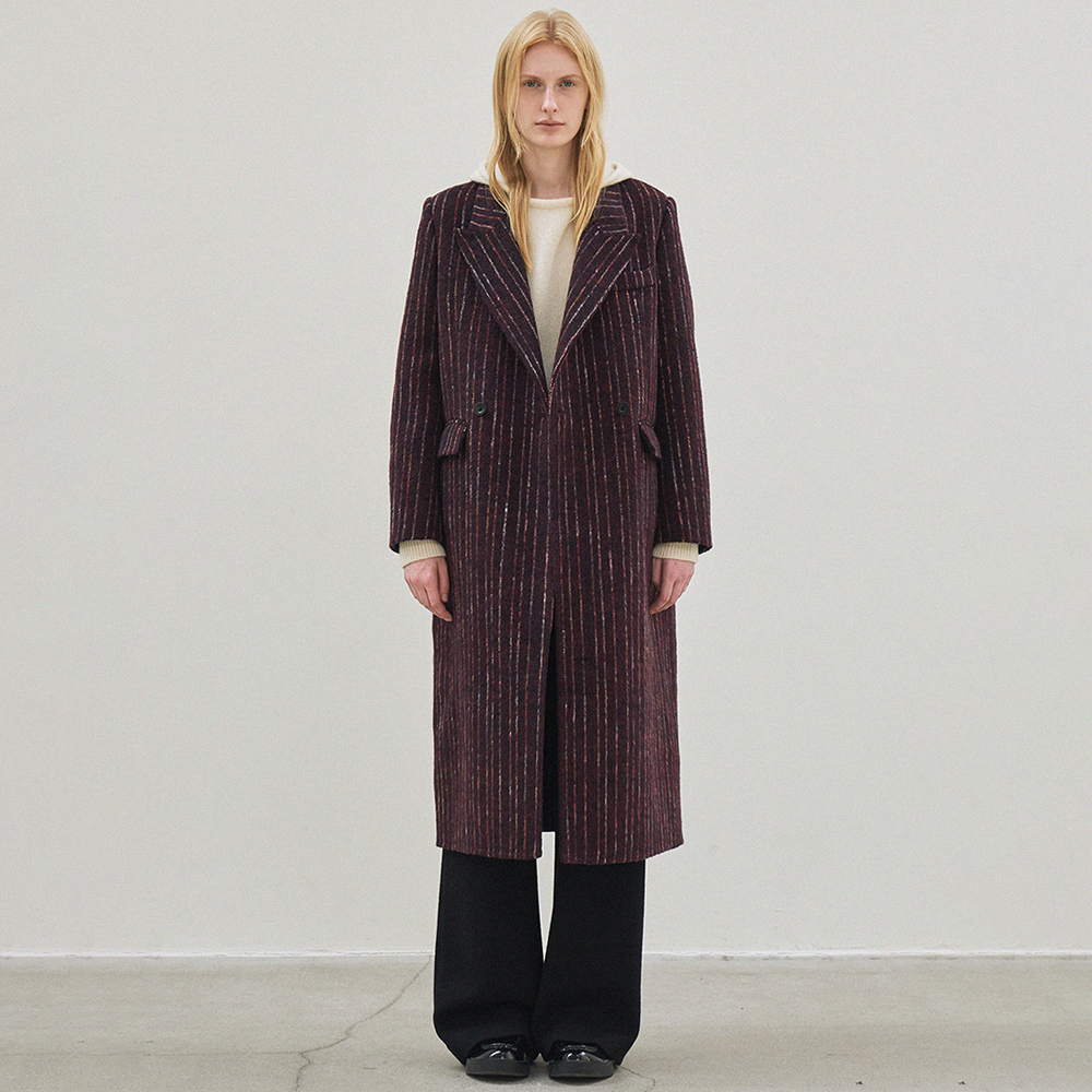alpaca wool striped handmade coat (wine) - 메인 이미지