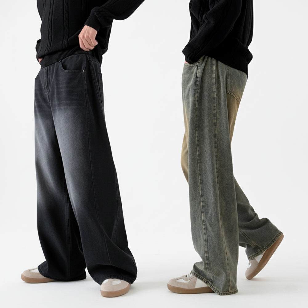 1+1 벌룬청바지 남자와이드청바지 남자흑청데님 남성와이드데님 제품 이미지