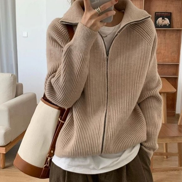 루즈핏 여성 골지 카라 여성 하이넥 집업 데일리 - 메인 이미지