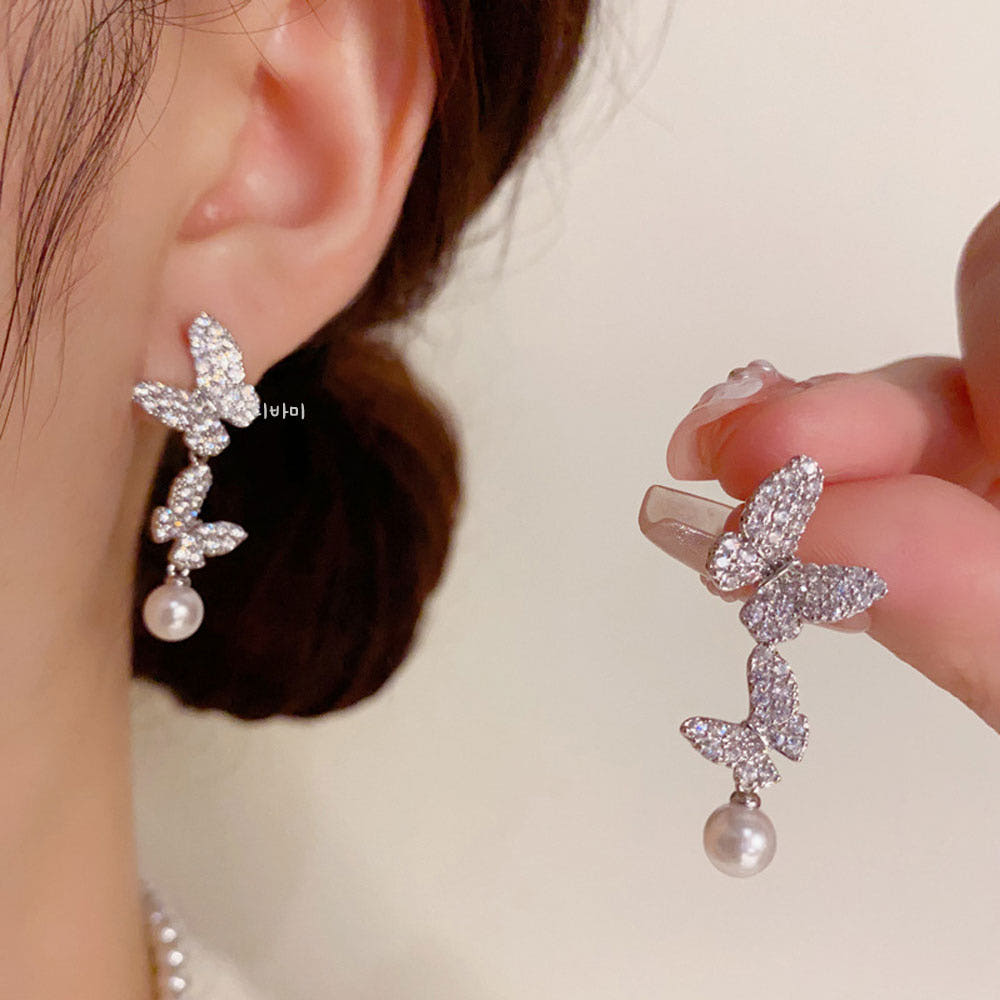 14K 더블 나비 진주 이어링 드롭 화사한 여자 명품귀걸이 이미지 7