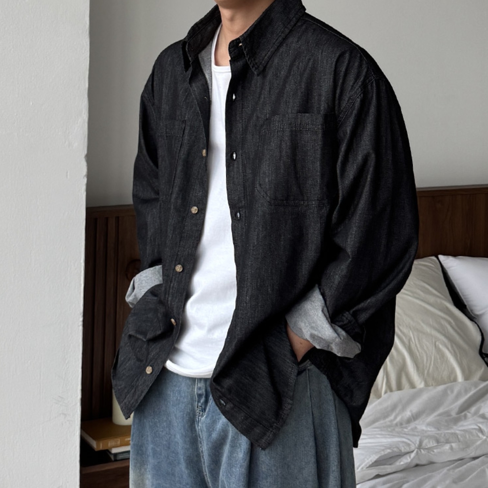 남자 사리 오버핏 논페이드 생지 데님 셔츠 남방 - 메인 이미지