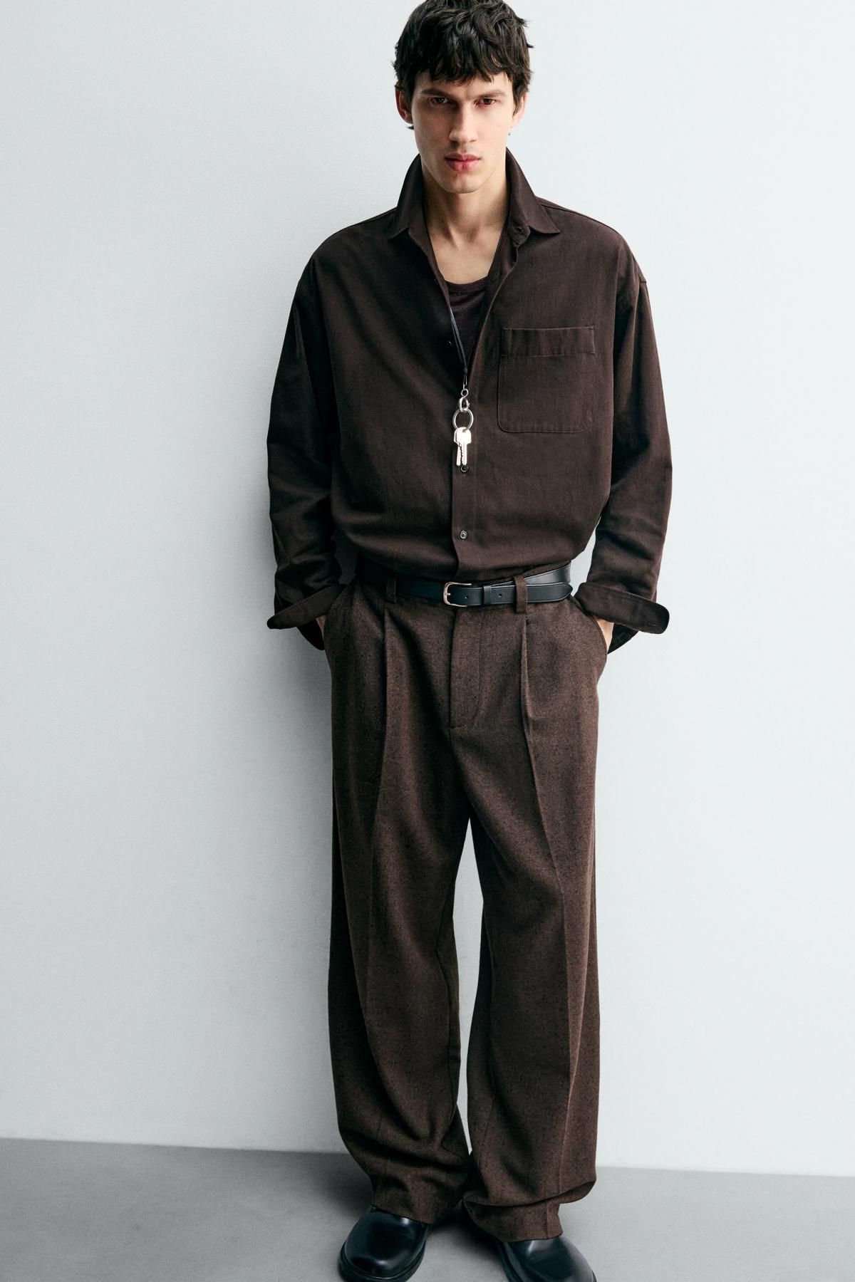 자라 와이드핏 플리츠 슬랙스 팬츠 4801/375 BROWN - 상세 이미지 5