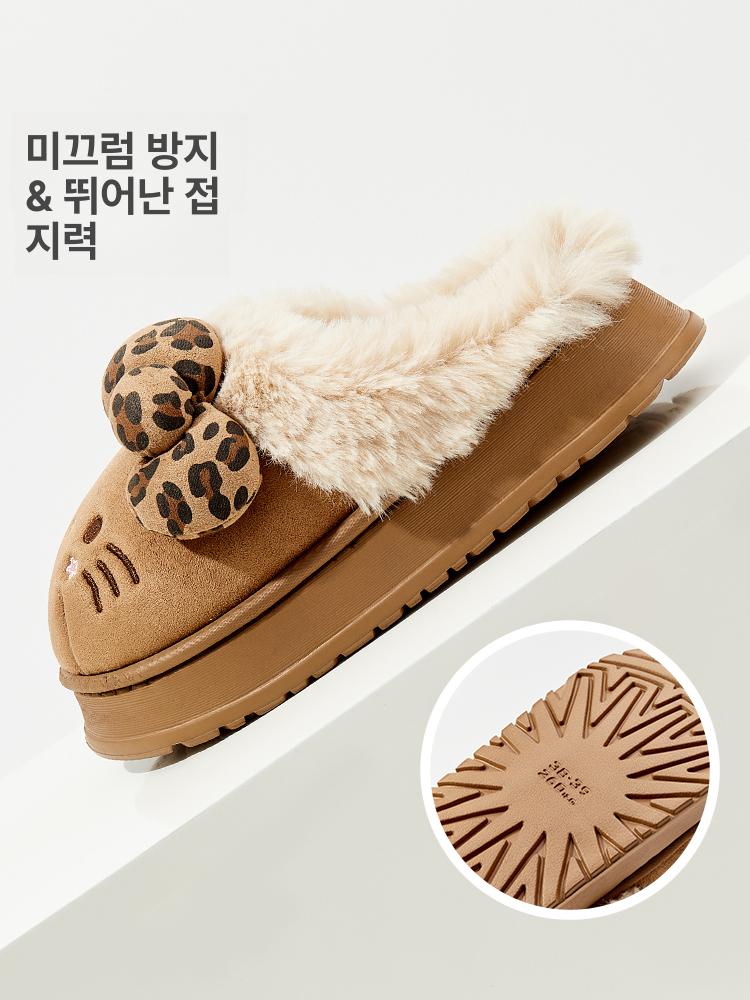 헬로키티 여성 겨울 퍼 슬리퍼 레오파드 패턴 플랫폼 실내화 커피 36-37 - 상세 이미지 4