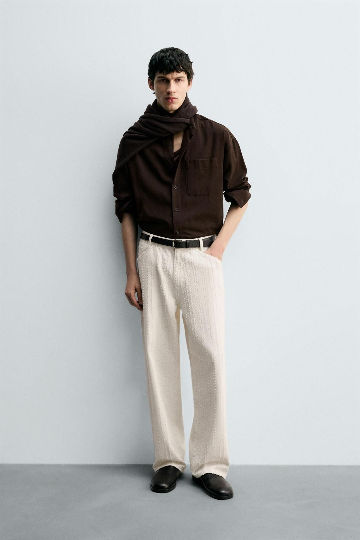 자라 텍스처 스트라이프 와이드 데님 팬츠 0840/367 OYSTER-WHITE - 상세 이미지 2