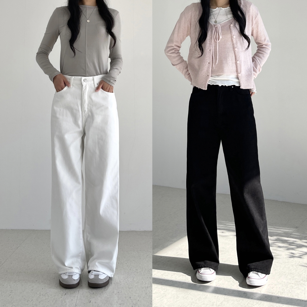 기모 화이트데님 블랙진 밴딩 하이웨스트 세미와이드 일자 통바지 여자 벨벳 흰색 모노벨팬츠 - 상품 이미지