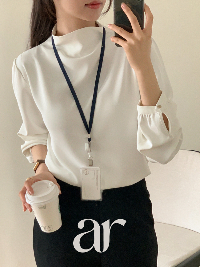 [자체제작] (MADE업스타일추천드레이프핏뒷넷포인트) 포일리 드레이프 반하이넥 긴팔 블라우스 bs8503 이미지 6