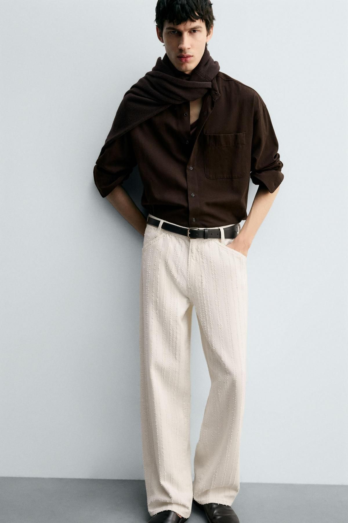 자라 텍스처 스트라이프 와이드 데님 팬츠 0840/367 OYSTER-WHITE - 상세 이미지 5
