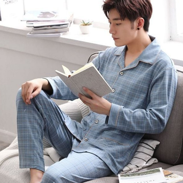 체크 남자 잠옷 세트 파자마 남성 잠옷 상하 세트 실내복 - 메인 이미지