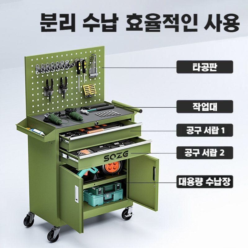 공구카트 이동식 서랍형 부품함 작업 다이 선반 2도어 그린 - 상세 이미지 2