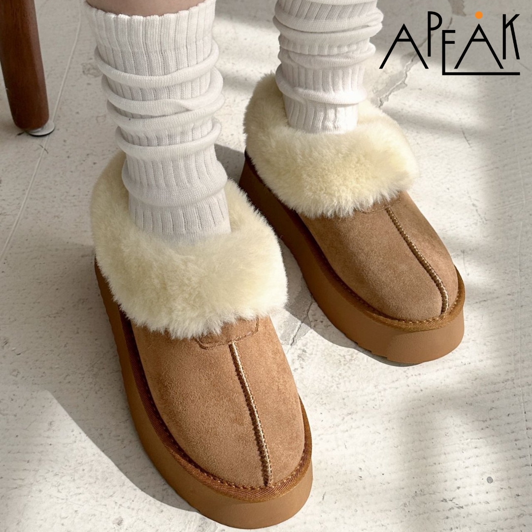 여성 플랫폼 털슬립온 슬리퍼뮬 4cm 키높이 겨울 퍼슈즈 카멜