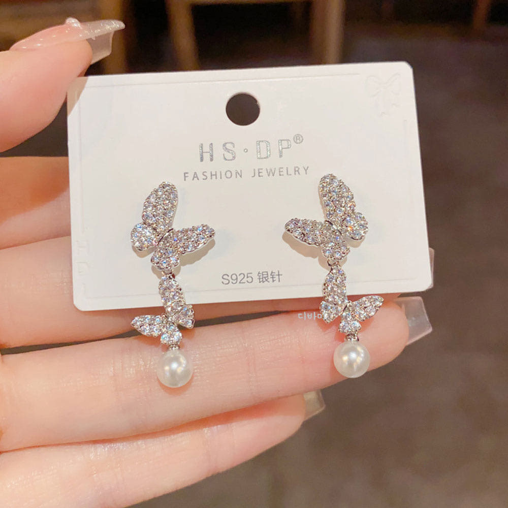 14K 더블 나비 진주 이어링 드롭 화사한 여자 명품귀걸이 이미지 6