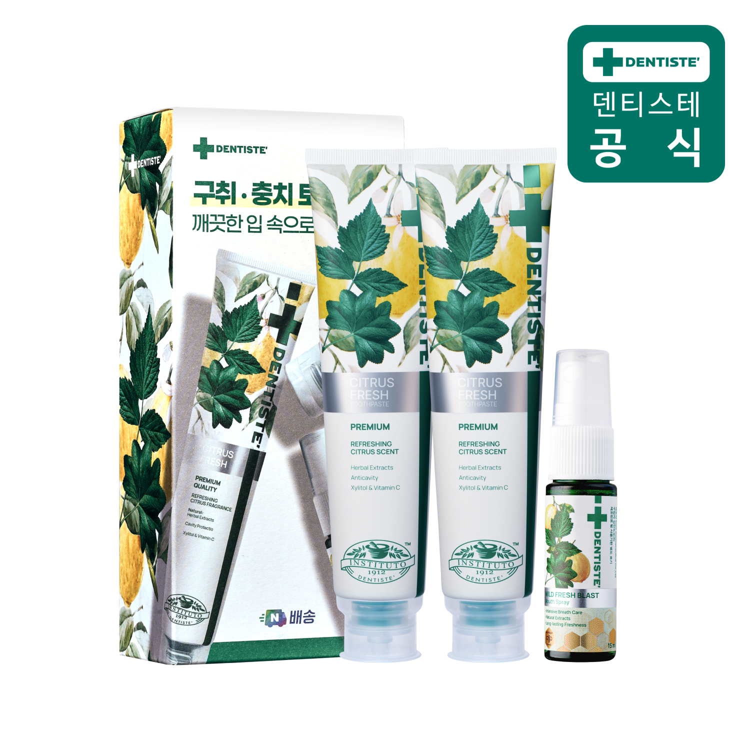 덴티스테 치약 시트러스후레쉬 200g 2개+구강스프레이 마일드 후레쉬 블라스트15ml 입냄새제거 불소 제품 이미지