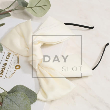 [트렌디프레소협력사]데이슬롯 새틴 왕 리본 헤어밴드 아이보리 머리띠 헤어머리띠 예쁜헤어밴드