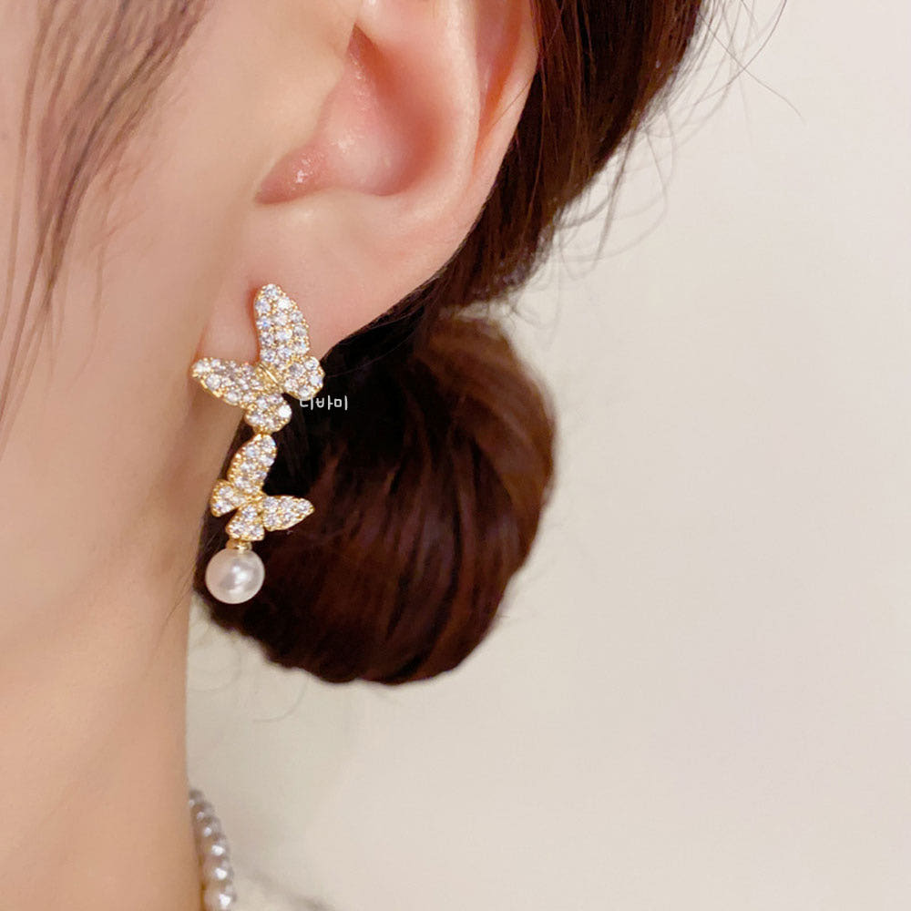 14K 더블 나비 진주 이어링 드롭 화사한 여자 명품귀걸이 - 상세 이미지 5