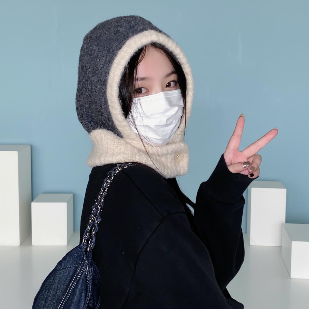 부클 버튼 단추 배색 파스텔 니트 바라클라바 넥워머 - 상품 이미지