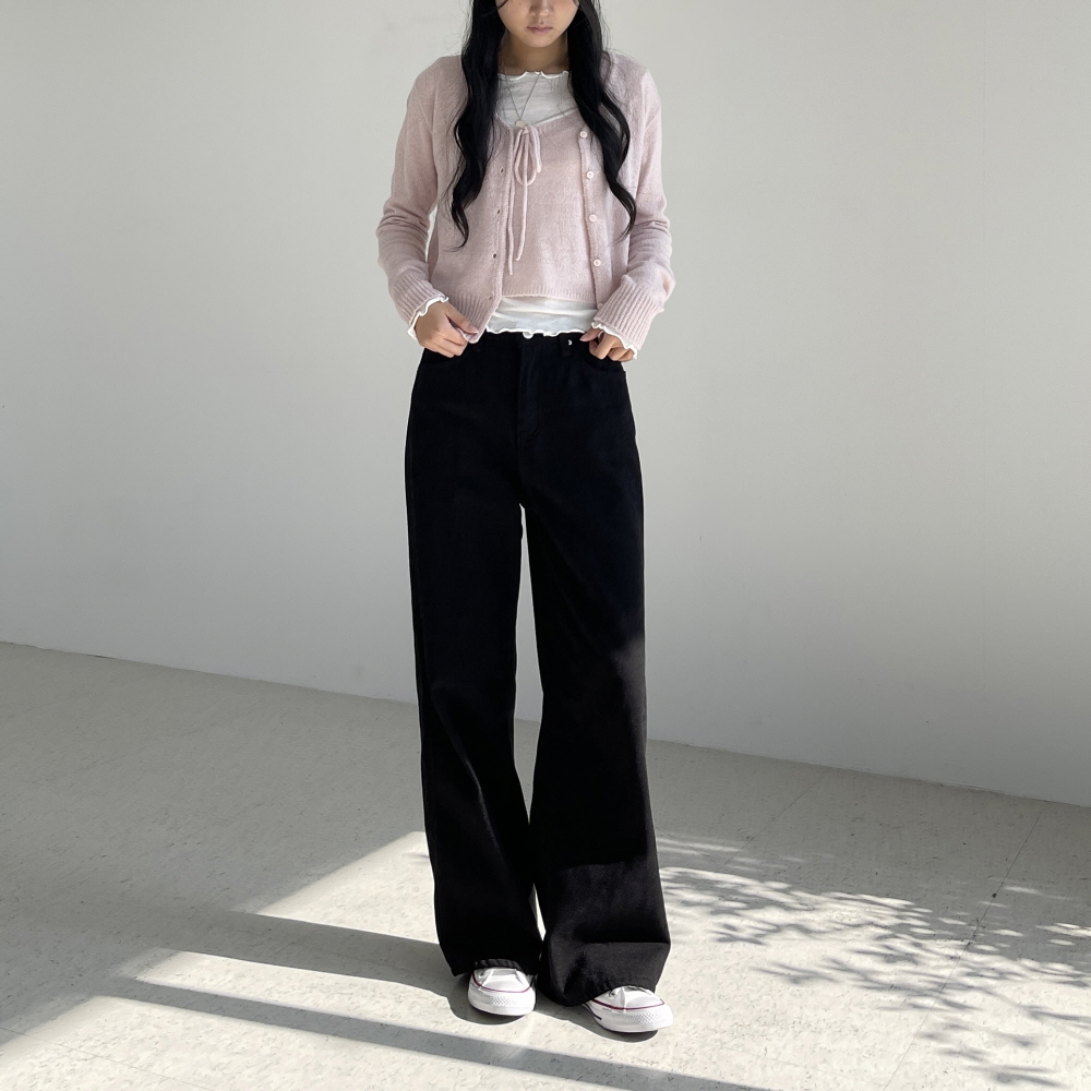 기모 화이트데님 블랙진 밴딩 하이웨스트 세미와이드 일자 통바지 여자 벨벳 흰색 모노벨팬츠 이미지 6