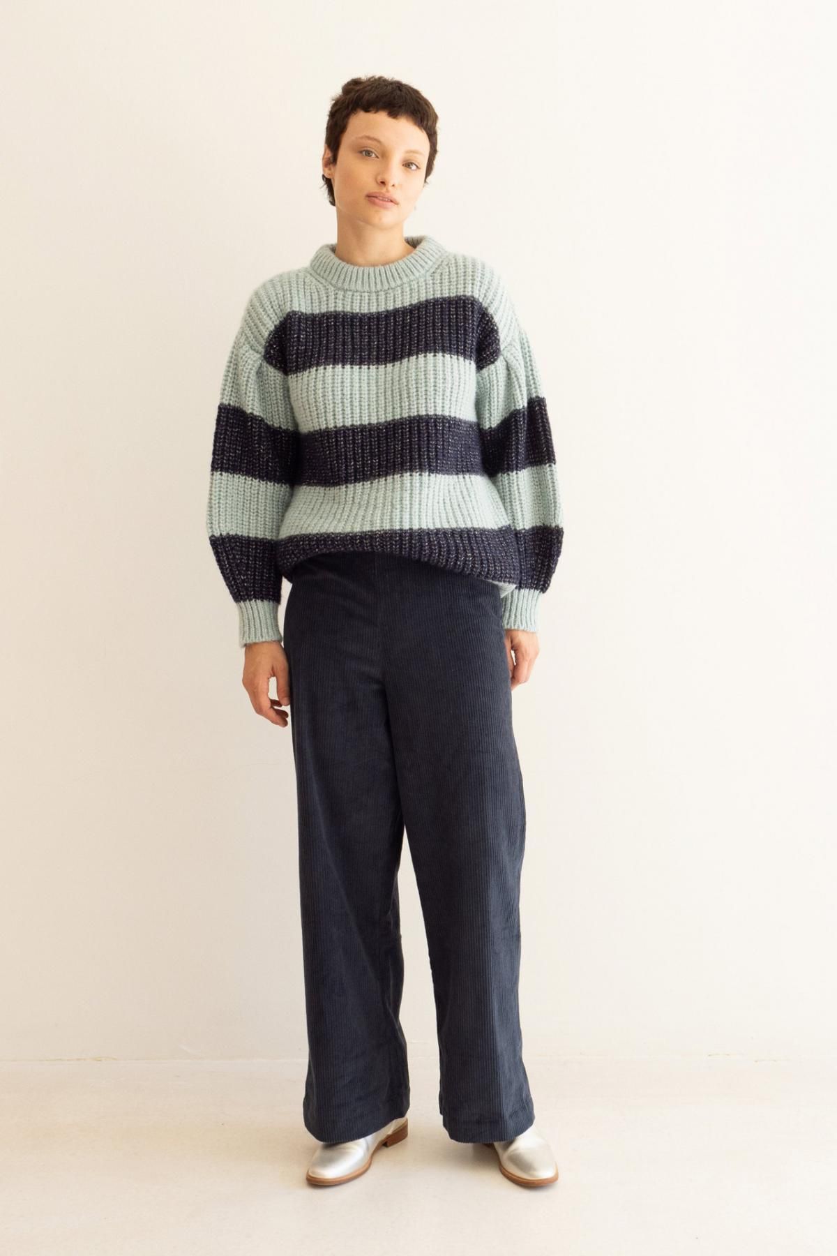 타이니코튼 스트라이프 루즈핏 라운드넥 니트 스웨터 AW23-708-M78 DARK GREY/NAVY - 상세 이미지 5