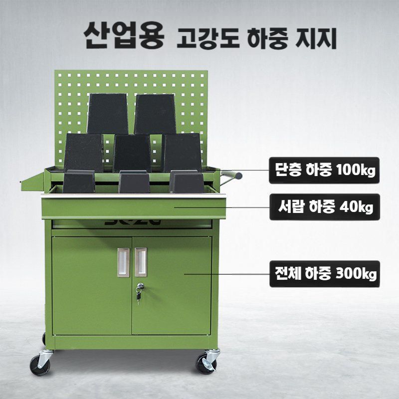 공구카트 이동식 서랍형 부품함 작업 다이 선반 2도어 그린 - 상세 이미지 3