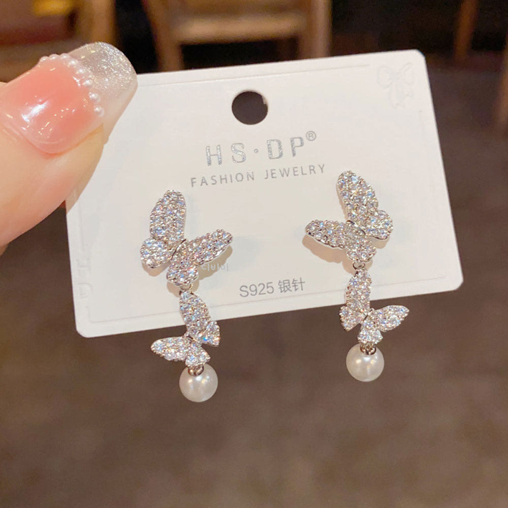 14K 더블 나비 진주 이어링 드롭 화사한 여자 명품귀걸이 - 상세 이미지 3