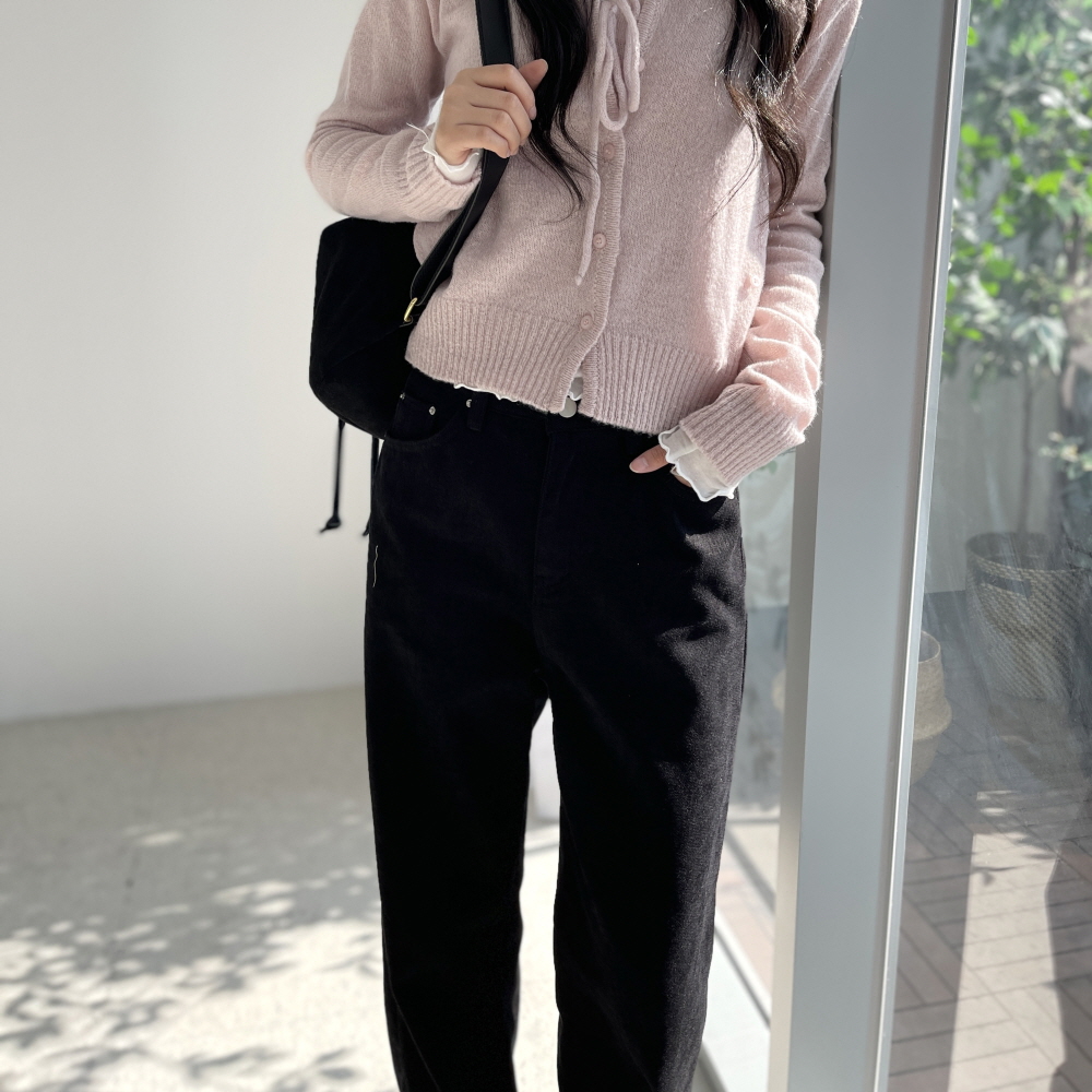 기모 화이트데님 블랙진 밴딩 하이웨스트 세미와이드 일자 통바지 여자 벨벳 흰색 모노벨팬츠 이미지 7