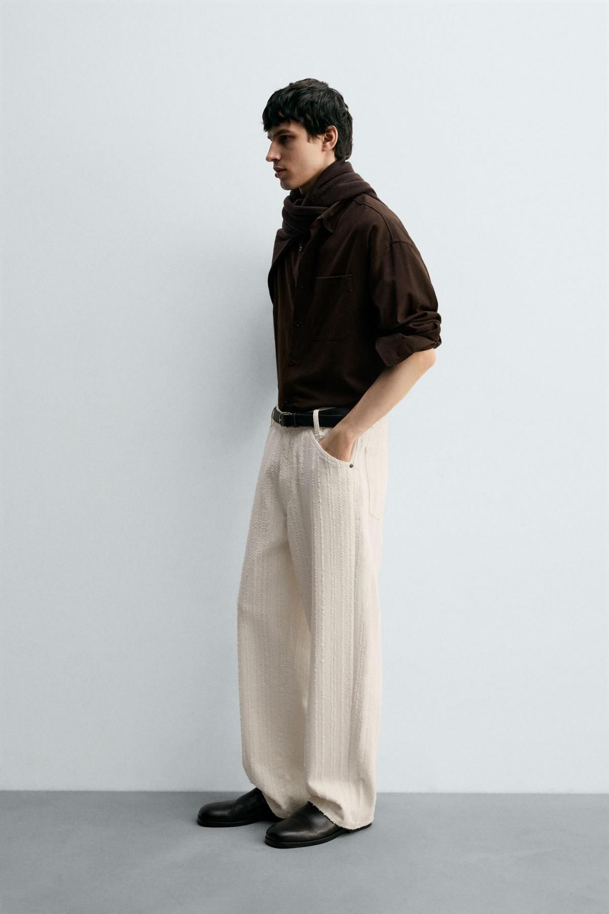 자라 텍스처 스트라이프 와이드 데님 팬츠 0840/367 OYSTER-WHITE - 상세 이미지 4