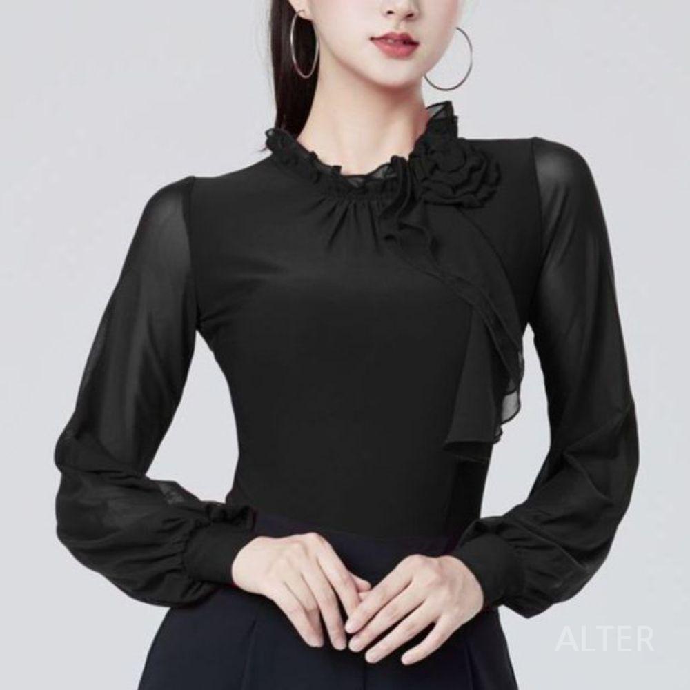 라틴 댄스복 여자 모던 스포츠 댄스옷 공연복 사교 댄스상의 블랙 S - 상세 이미지 3