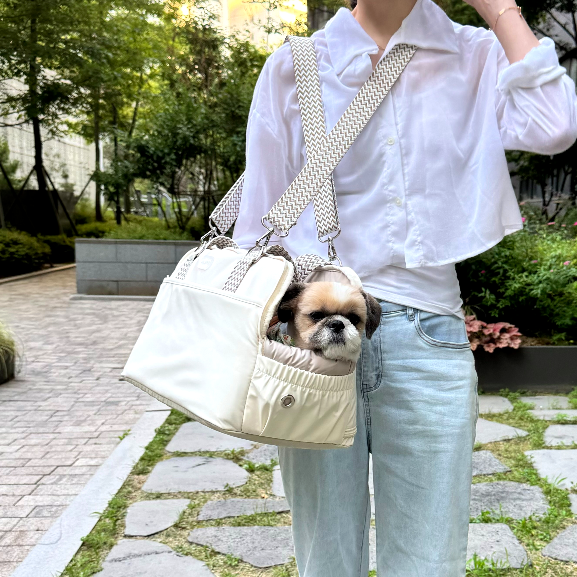 강아지 가방 고양이 이동장 애견 이동가방 중형견 숄더백 헤링본 고양이 슬링백 S 이미지 8