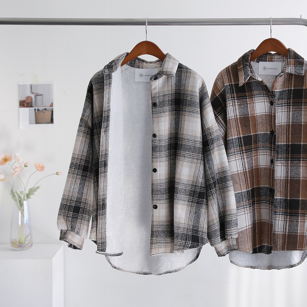 [오픈할인/정상가19800] 오프리 도톰한 밍크 융기모 본딩 언발란스 박시핏 체크 자켓 셔츠 - 상품 이미지