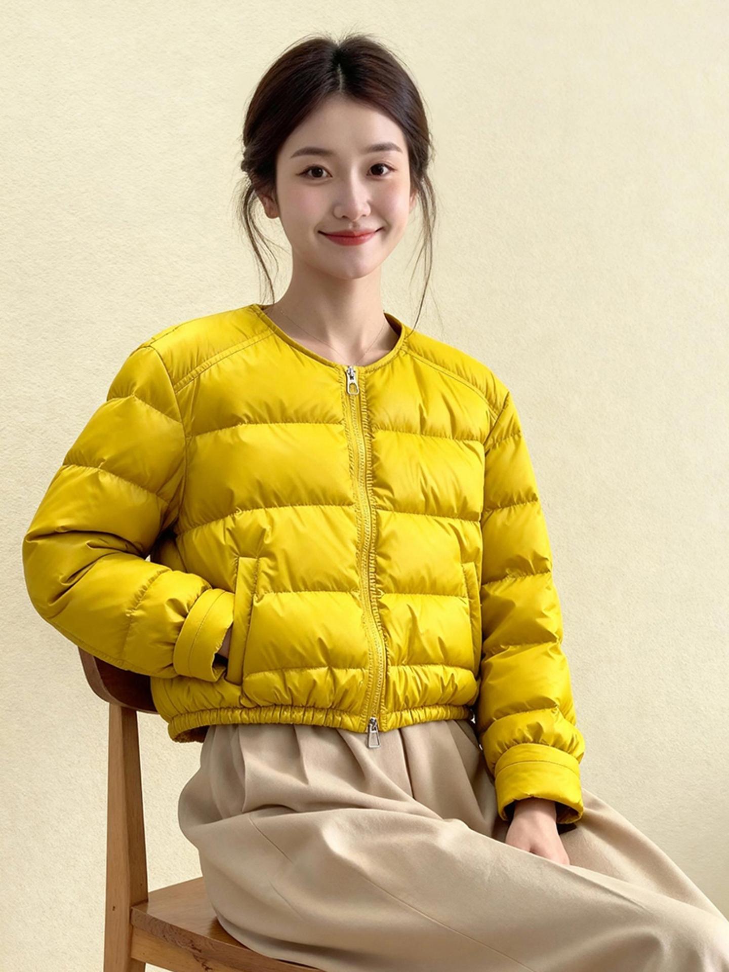 옐로우 경량 숏 크롭 패딩 여성 겨울용 미니멀 스타일 점퍼 옐로우 라운드넥 숏 다운 재킷 S 50kg이하 - 메인 이미지