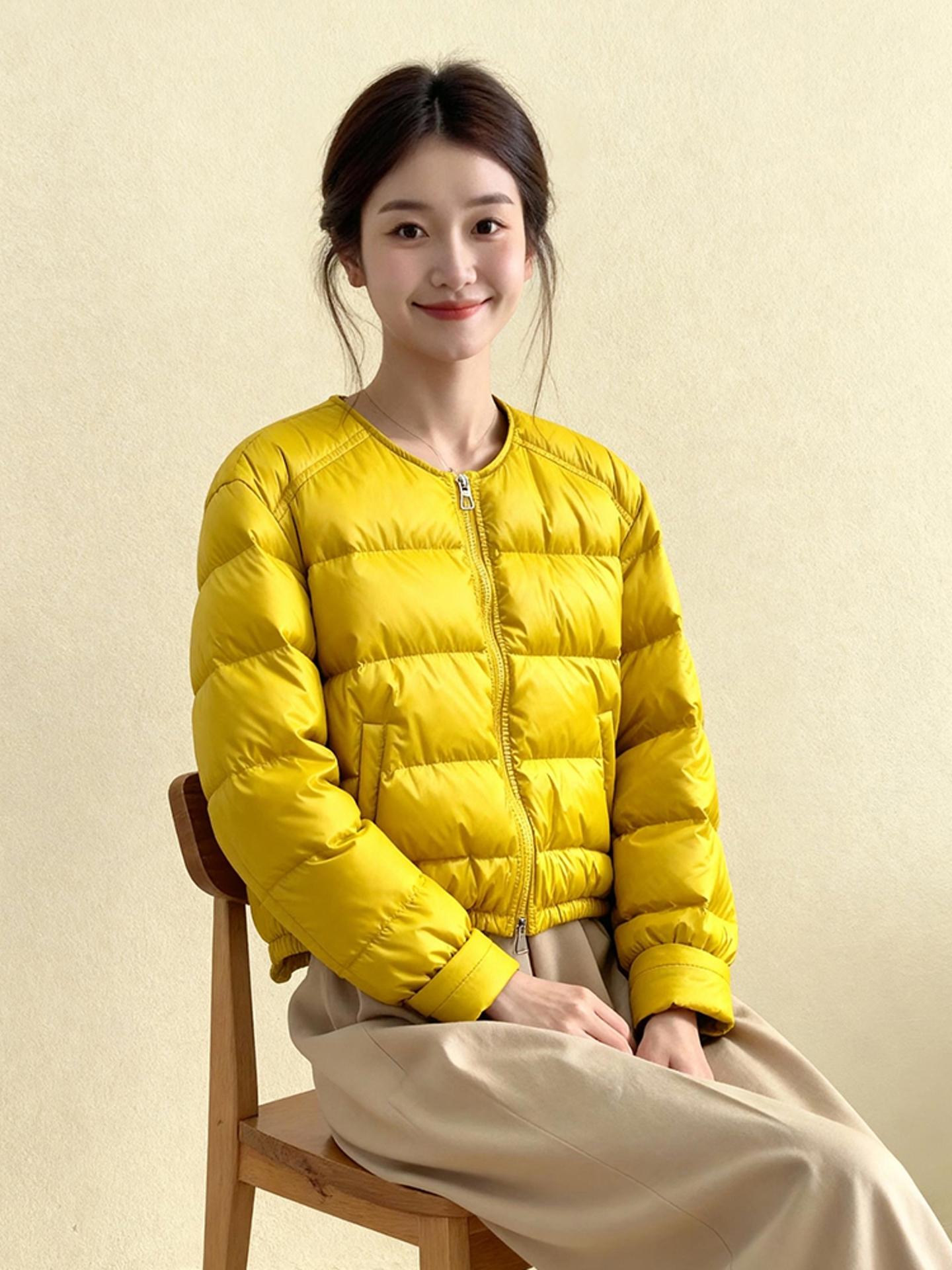 옐로우 경량 숏 크롭 패딩 여성 겨울용 미니멀 스타일 점퍼 옐로우 라운드넥 숏 다운 재킷 S 50kg이하 - 상세 이미지 4
