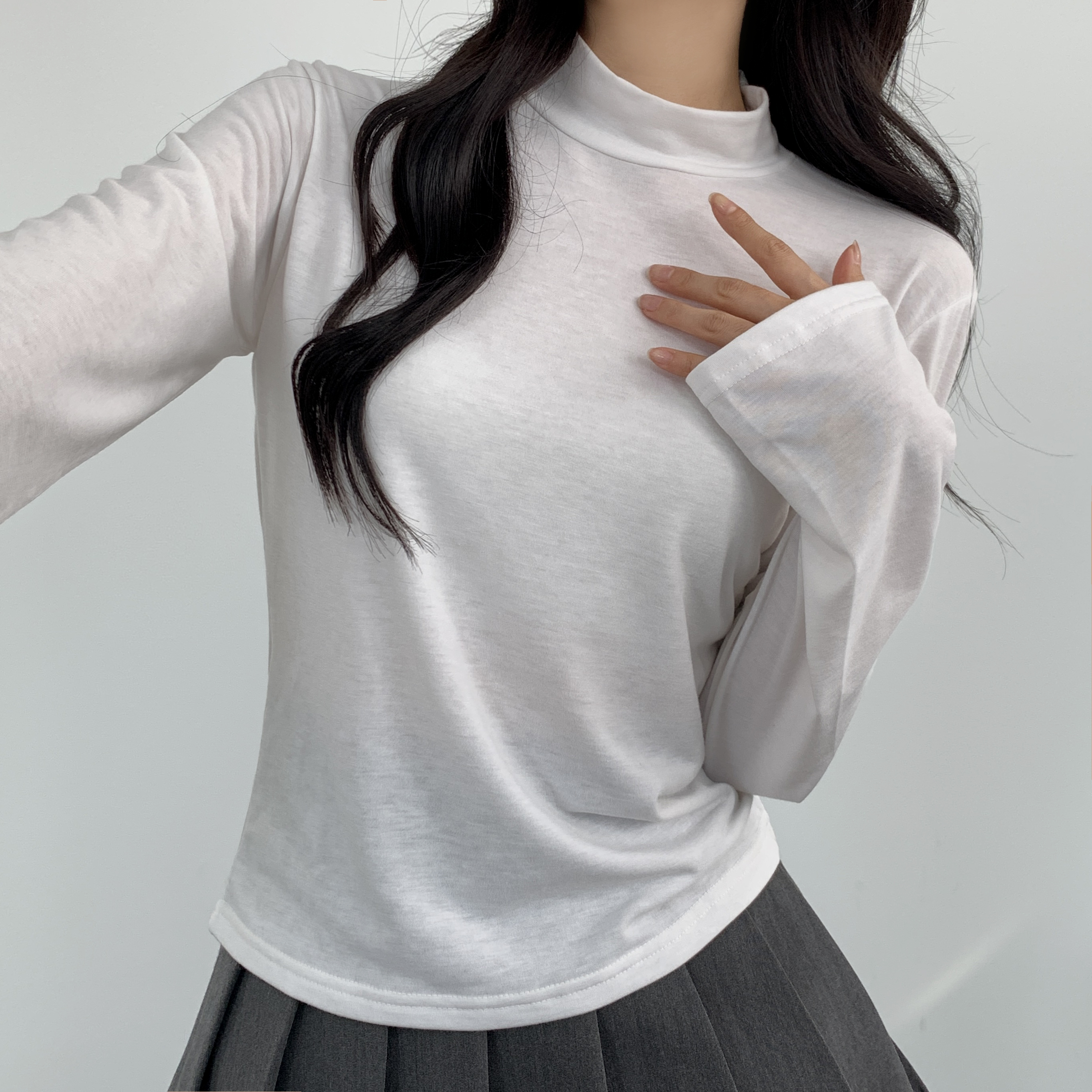 여성 간절기 목티 반목폴라 폴라티 목폴라 코디 얇은폴라티 터틀넥 레이어드티 루즈핏 - 상세 이미지 3