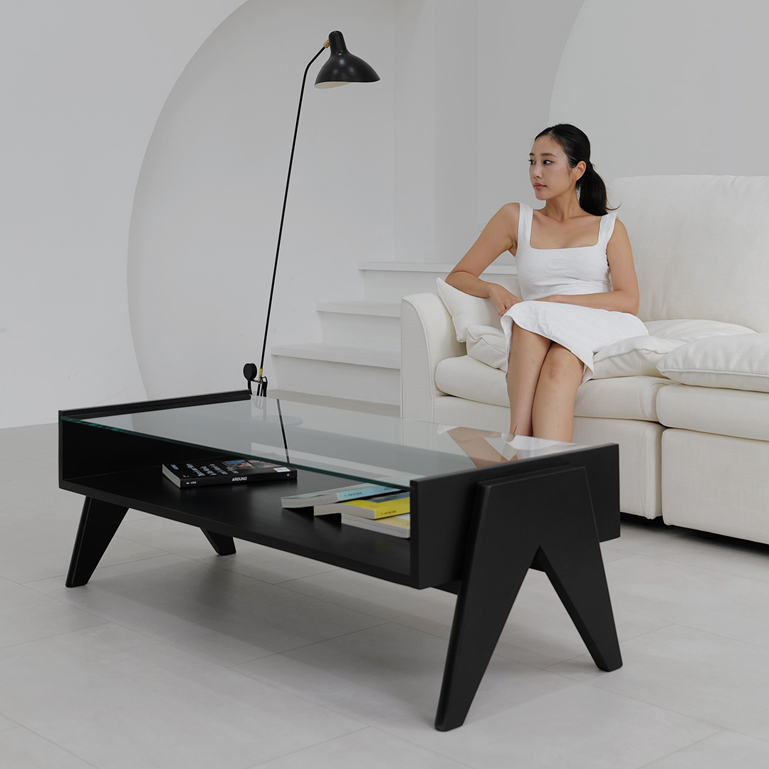 자야캠핑 오울루 2단 원목 좌식 거실 카페 유리 소파 테이블 블랙 1200