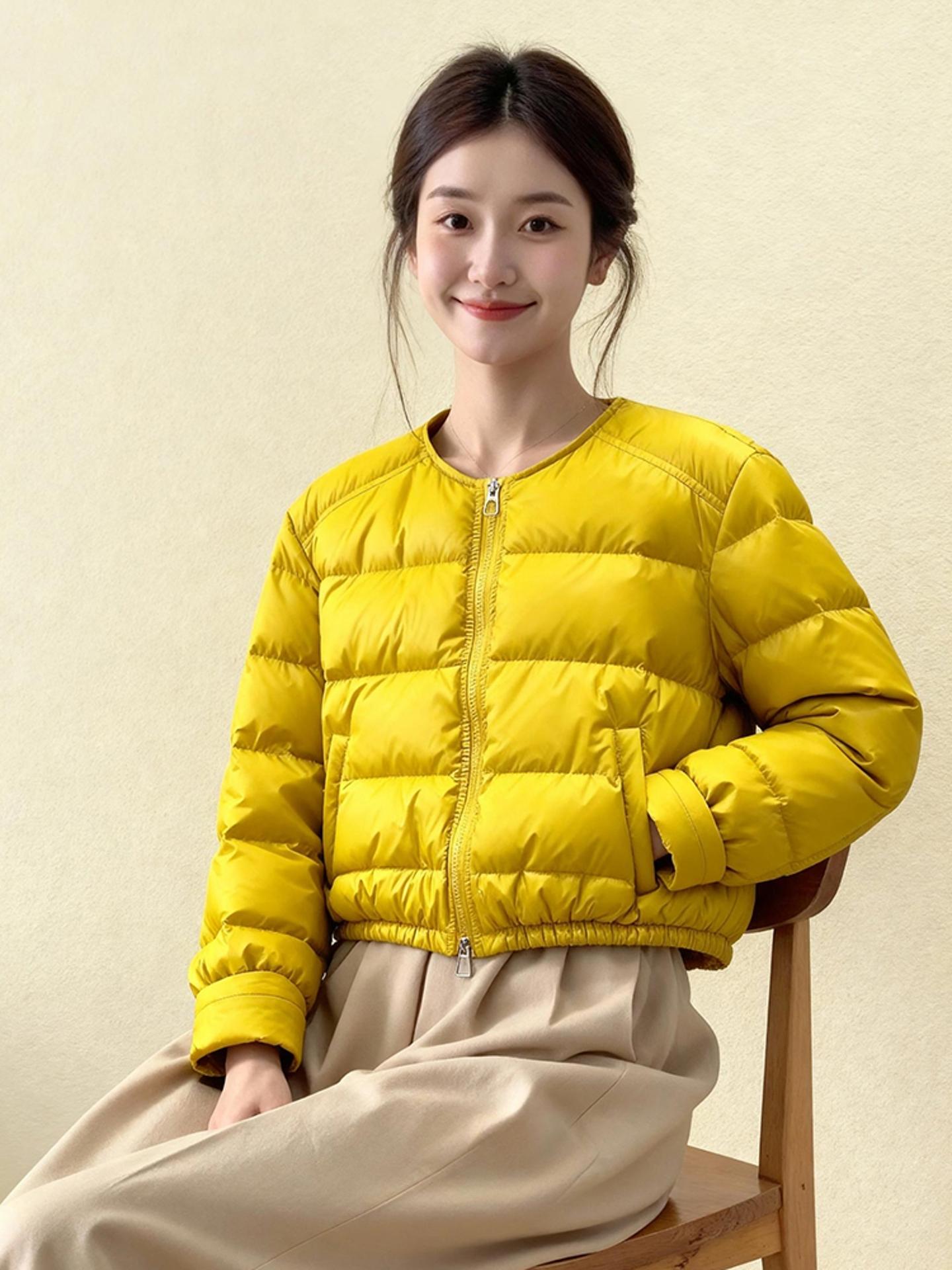 옐로우 경량 숏 크롭 패딩 여성 겨울용 미니멀 스타일 점퍼 옐로우 라운드넥 숏 다운 재킷 S 50kg이하 - 상세 이미지 2