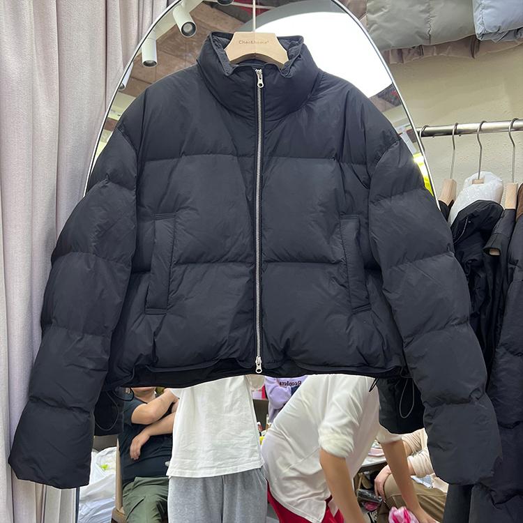 여성 숏 패딩 크롭 블루 점퍼 스탠드넥 누빔 베이지 프리사이즈 45~80kg 이미지 7