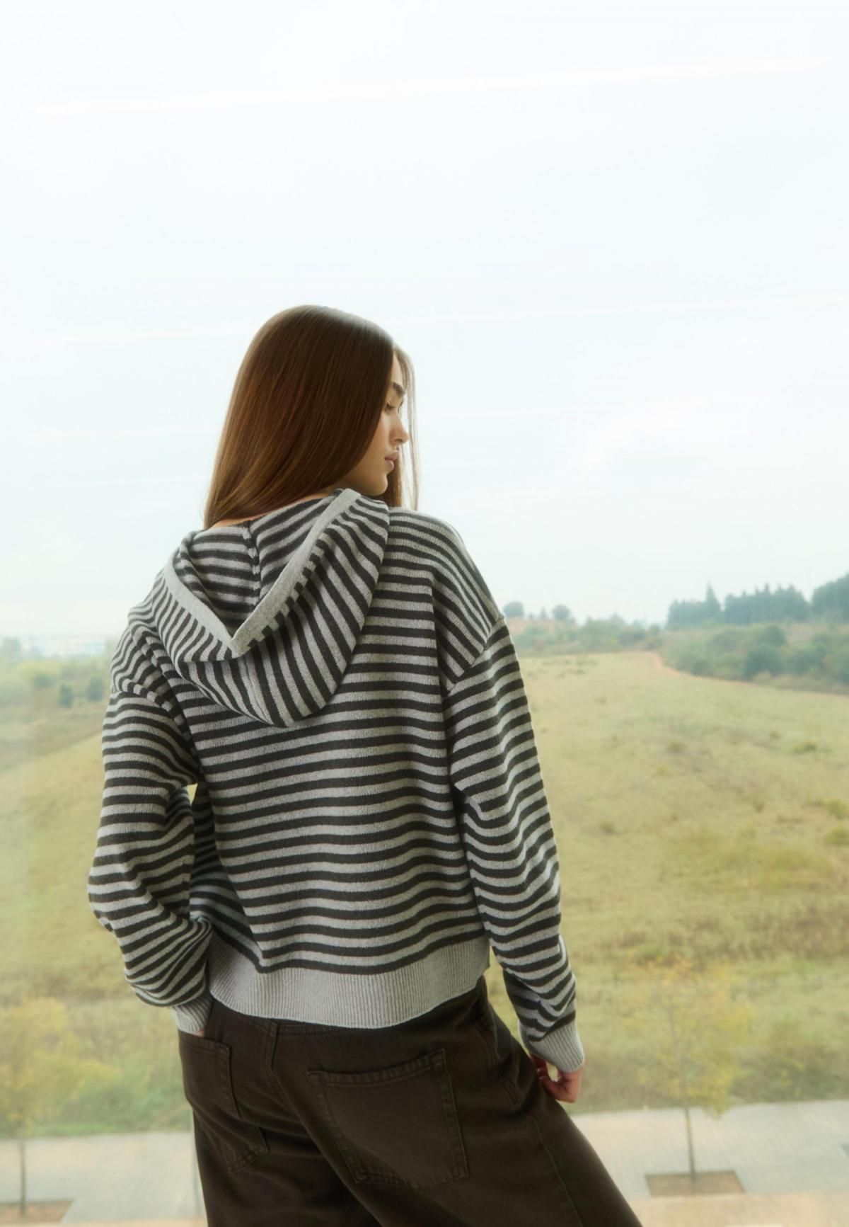 스트라디바리우스 스트라이프 루즈핏 후드 니트 스웨터 8582/680 DARK GREY - 상세 이미지 5