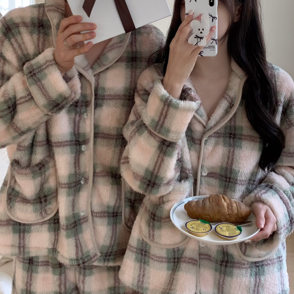 커플수면잠옷 극세사잠옷 빅사이즈파자마 크리스마스 기모 홈웨어 세트 - 상품 이미지