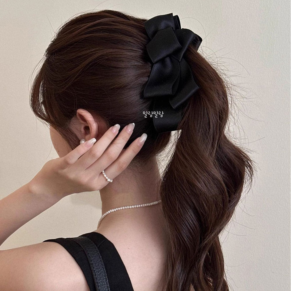 키라미 블랙 새틴 바나나핀 왕리본집게 포니테일 헤어클립