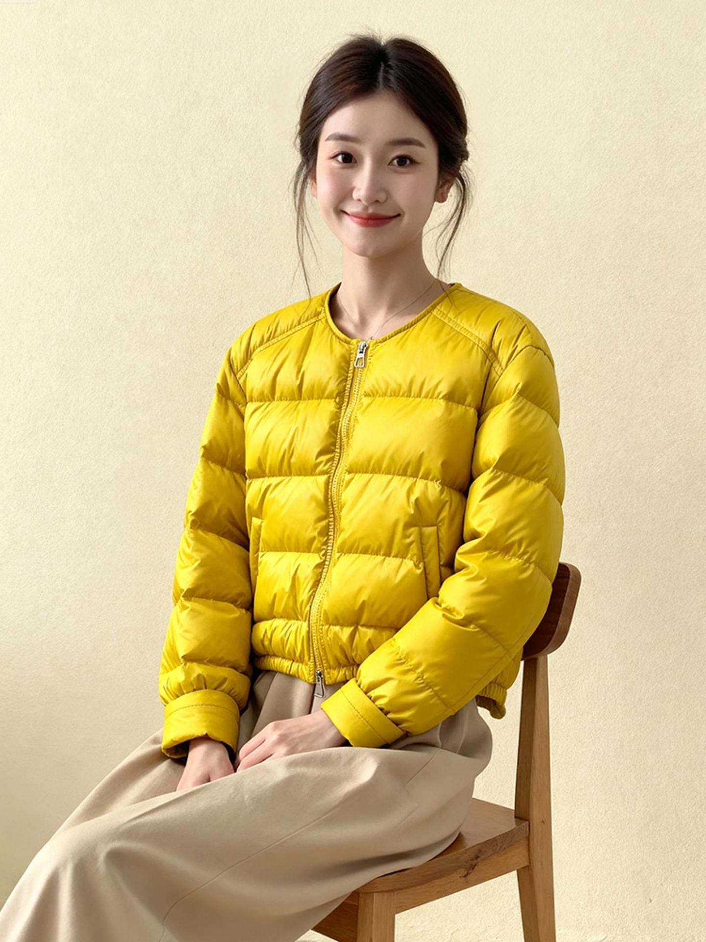 옐로우 경량 숏 크롭 패딩 여성 겨울용 미니멀 스타일 점퍼 옐로우 라운드넥 숏 다운 재킷 S 50kg이하 - 상세 이미지 3