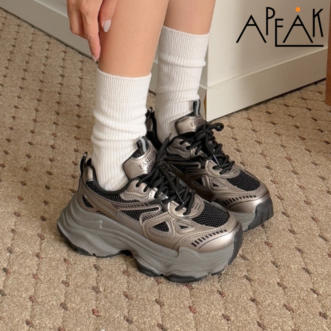 메탈릭 청키 어글리슈즈 여성 스니커즈 6CM 키높이운동화 블랙 - 상품 이미지