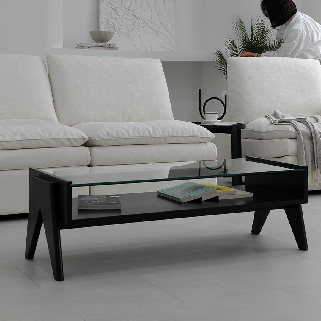 자야캠핑 오울루 2단 원목 좌식 거실 카페 유리 소파 테이블 블랙 1200