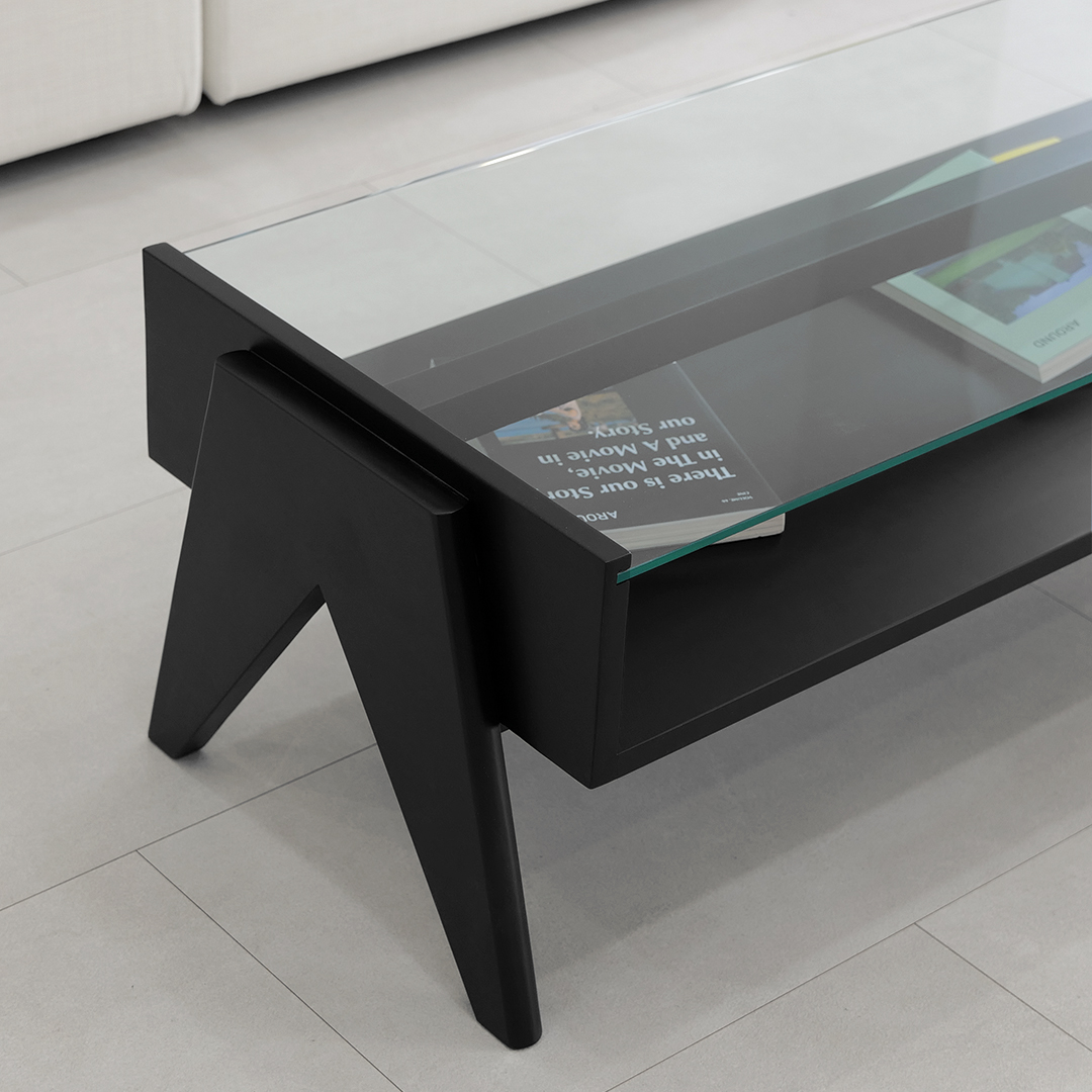 자야캠핑 오울루 2단 원목 좌식 거실 카페 유리 소파 테이블 블랙 1200