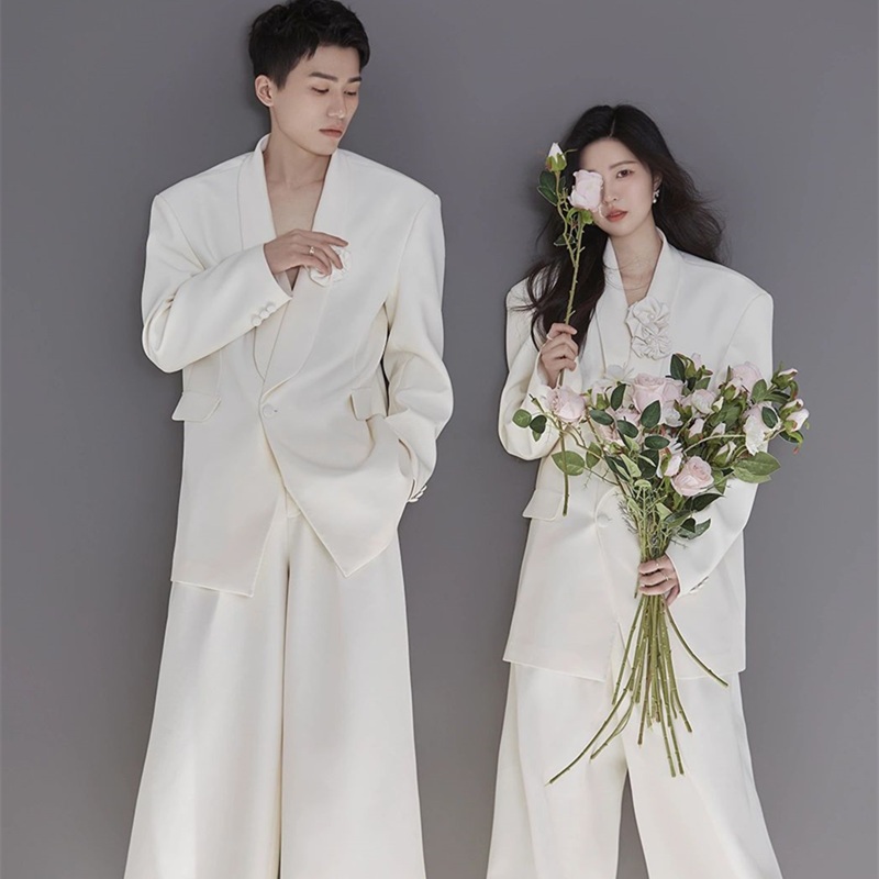 화이트정장 수트 커플룩 흰색정장 웨딩촬영 의상 자켓 아이보리정장 투피스 여름 슈트 세미 - 상품 이미지