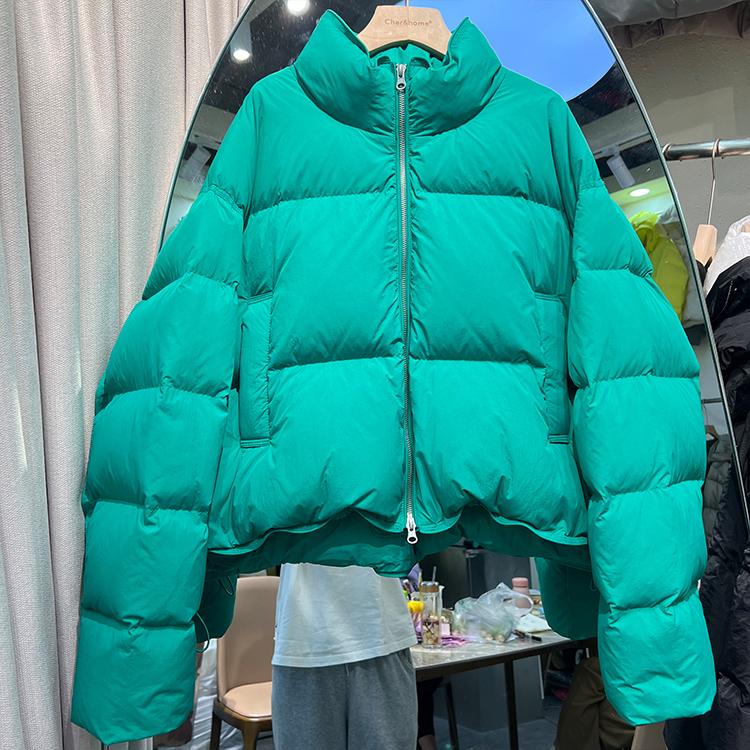 여성 숏 패딩 크롭 블루 점퍼 스탠드넥 누빔  베이지 프리사이즈 45~80kg - 상세 이미지 4